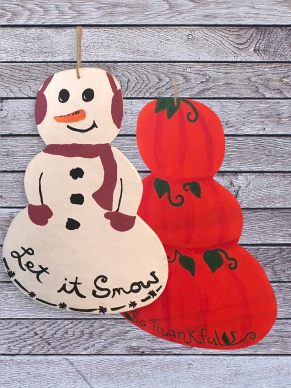 Double sided snowman / pumpkin door hanger